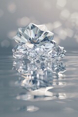 Visualize a cluster of diamonds elegantly arranged on a reflective surface, captured in stunning 3D