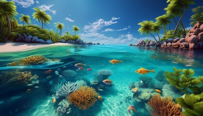 Tropical island coral reef and swimming fish