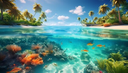 Tropical island coral reef and swimming fish