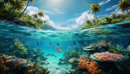 Fototapeta premium Tropical island coral reef and swimming fish