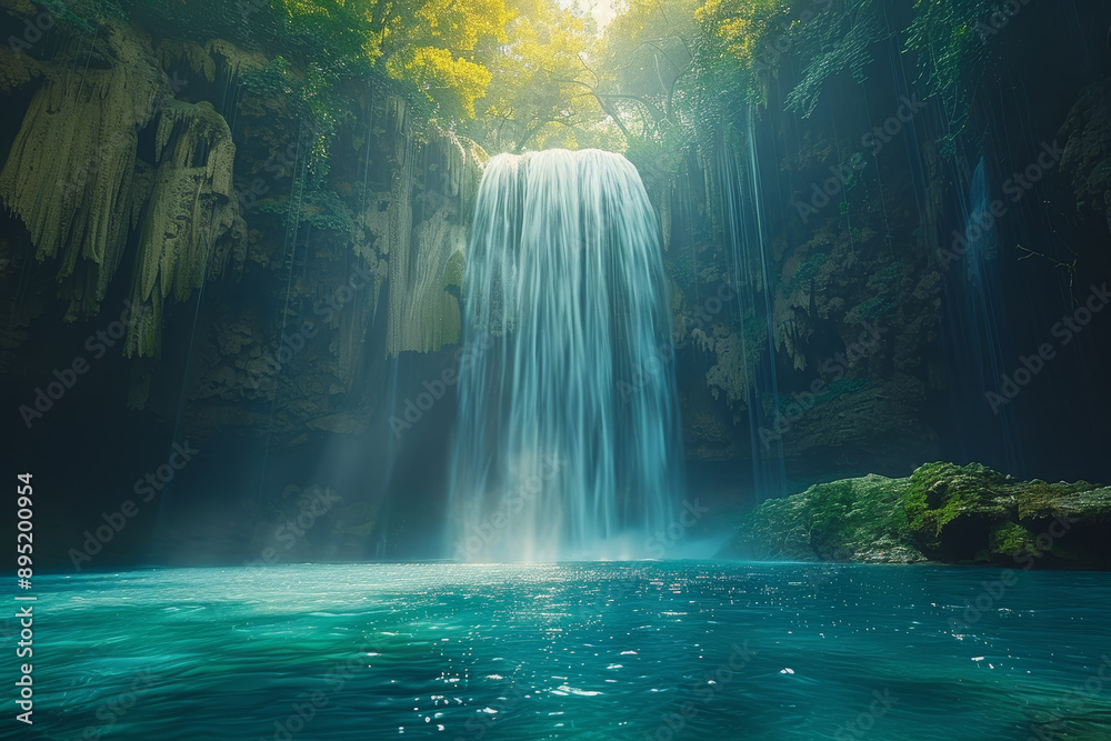 Poster a towering waterfall cascading into a serene pool below. concept of natural wonders and tranquility.