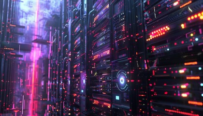 Naklejka premium Visualize a detailed 3D rendering depicting a state-of-the-art data center brimming with rack