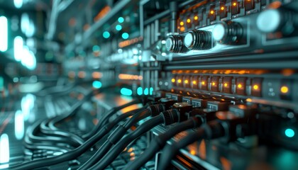 Naklejka premium Visualize a detailed 3D rendering featuring an internet network switch adorned with plugged Etherne