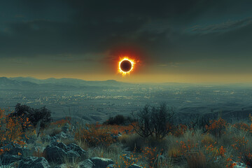 A solar eclipse casting an eerie shadow over the landscape. Concept of celestial events and natural phenomena. Generative Ai.