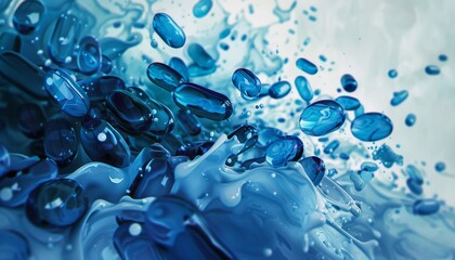 Visualize a detailed illustration featuring a torrent of blue medicinal capsules pouring onto