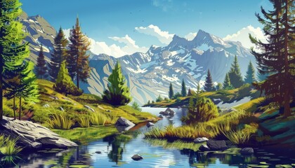 Visualize an ultra-sharp photo featuring an immersive vector illustration of outdoor nature, where