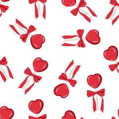 Love candy. Seamless pattern with red heart shaped lollipop and bow. Background for Valentine’s Day and romantic holidays. Hand drawn vector illustration