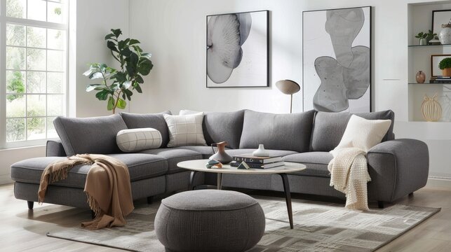 Comfortable living room setup with grey sofa, coffee table, and pouf with blanket