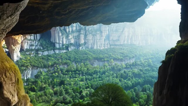 A dark cave with a tree in the middle. The cave is surrounded by mountains and the tree is in the foreground