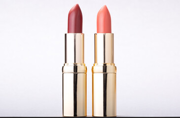 Two lipsticks in gold cases against a white background, one in a vibrant red shade and the other in a soft coral shade. Perfect for use in cosmetics marketing, beauty blogs, or product showcases.