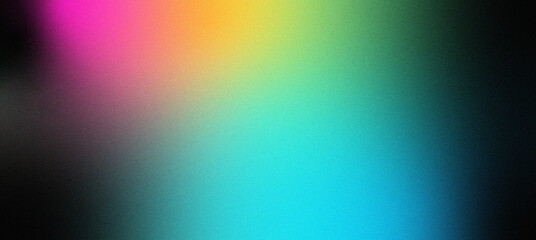 Obraz premium Dark grainy gradient background pink yellow green blue black colors banner poster cover abstract design. Colorful background noisy grainy backdrop creative template copy space vibrant background.
