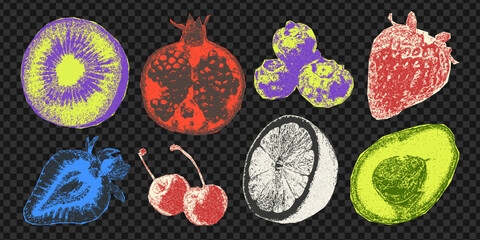 A set of brightly colored cut out fruit stickers. Trendy collage, retro photocopy effect. Grunge grain texture. © Teodora ART