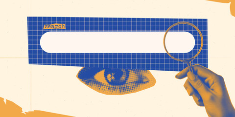Search bar in collage retro pop style. Trendy halftone hand with loupe and eye. Background with grunge texture and torn paper. Vector illustration.