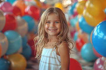 Fototapeta premium Children playing with colorful balloons at a birthday party, full of laughter. Concept of celebration and childhood. Generative Ai.