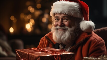 Fototapeta premium Santa Claus Man in Christmas Hat Red Suit Clothes holding Gift present Box in living room Background with Christmas Tree, Happy New Year.