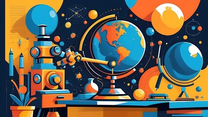 Obraz premium Globe, books, leaves, bottles, and abstract objects. Perfect for educational, environmental, or creative design projects with a global theme.