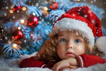 Child in a Santa hat lying down, with a decorated Christmas tree in the background.