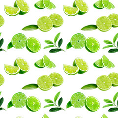 Watercolor pattern features lime slices and leaves, perfect for fresh and citric designs