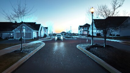 Futuristic autonomous car scanning for obstacles in American neighborhood. Blue sensor animation overlay.