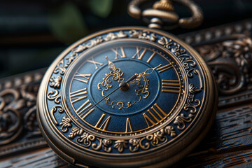 Fototapeta premium An intricately designed pocket watch showing the time. Concept of timekeeping and heritage. Generative Ai.