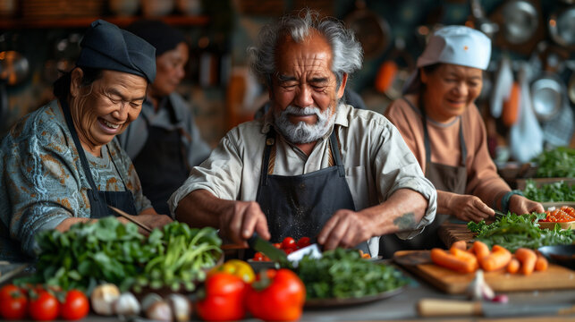 A group of seniors participating in a cooking classroom