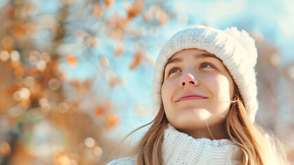 A young woman enjoying the crisp winter air, wrapped in warm clothes.