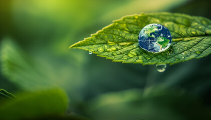 water drop on the leaf with Earth in it