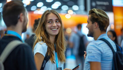 A diverse group of attendees engage in a lively conversation at a technology-themed booth during a busy conference