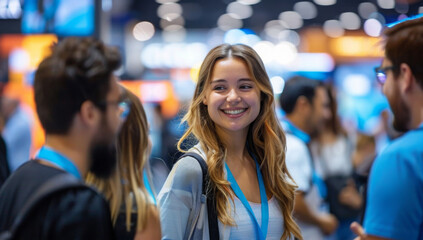 A diverse group of attendees engage in a lively conversation at a technology-themed booth during a busy conference