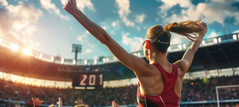 Female Athlete Celebrating Victory After Impressive Triple Jump in Crowded Stadium