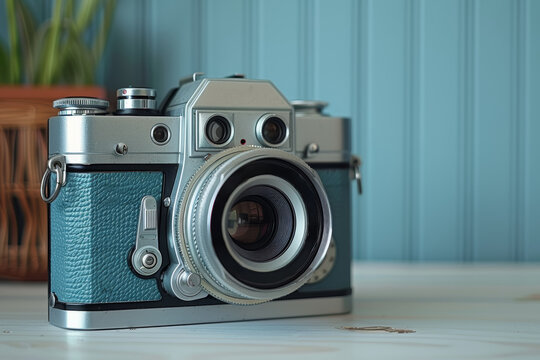 A vintage film camera on a tripod, ready to capture memories. Concept of classic photography and nostalgia. Generative Ai.