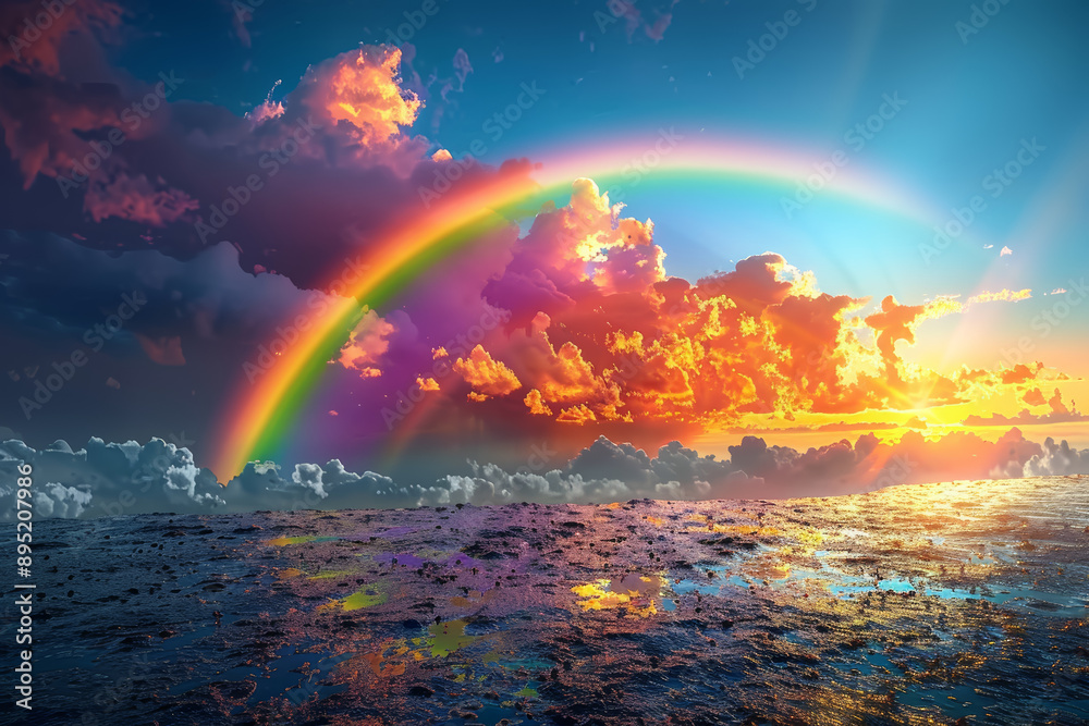 Poster a rainbow arcs across the sky after a rain shower, symbolizing hope. concept of natural beauty and w