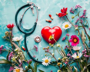 National nursing assistants week banner  stethoscope, heart, flowers, and ampules photography