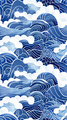 Fototapeta premium Vintage japanese art style seamless pattern of stylized ocean waves crashing