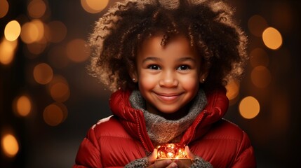Naklejka premium Smiling curly-haired child holding a gift, in festive red sweater Christmas background.