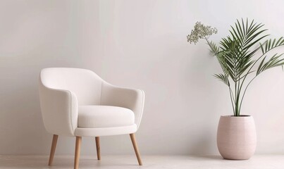 White Armchair and Palm Plant in Minimalist Interior