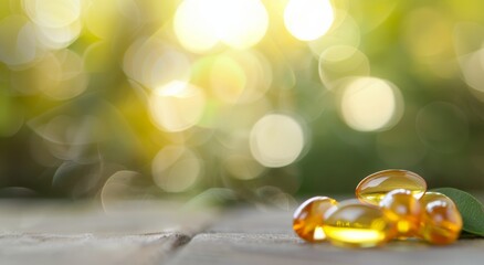 Yellow Pills on Wooden Surface With Bokeh Background