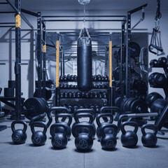 Fototapeta premium Well-lit and organized garage gym with a variety of weights, kettlebells, and a punching bag