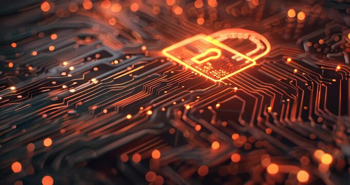Padlock symbol on a circuit board representing digital data privacy and cybersecurity concepts. Digital ethics. Copyspace