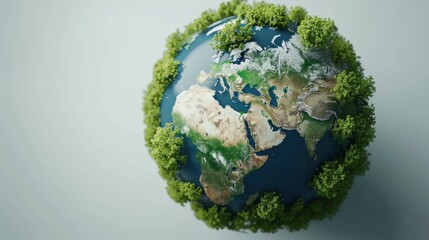 Fototapeta premium Illustration of Earth with lush green trees around the continents, emphasizing the importance of environmental conservation and celebrating Earth Day.
