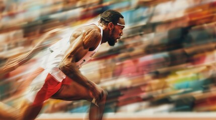 Dynamic Long Jump Athlete in Action with Blurred Crowd Background - Sports Photography Poster