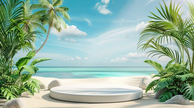 Beach podium summer background. beach summer background 3d