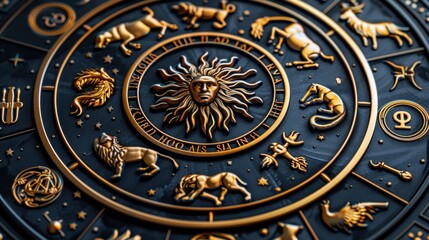 Obraz premium An intricate zodiac sign artwork with golden astrological symbols in a circular arrangement on a dark background, featuring a central sun emblem.