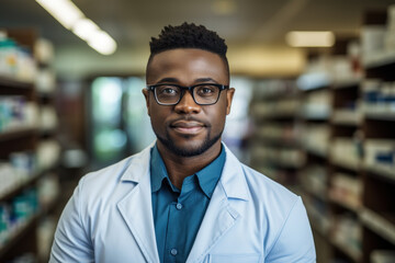 A confident black pharmacist, dressed in a lab coat and glasses, stands with arms crossed and an engaging smile. Generative Ai.