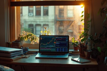 Serene Home Office with Laptop Displaying Stock Trading Platform and Sunlight Through Window