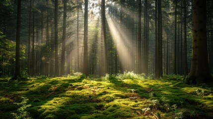 Obraz premium A tranquil forest scene bathed in the gentle light of the morning sun, with rays streaming through the tall trees and illuminating the lush green moss on the forest floor.