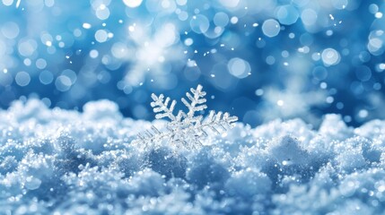 A close-up of a sparkling snowflake resting gently on a bed of snow, with a beautiful bokeh background of soft blue tones, capturing the essence of a snowy winter scene.