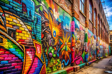 Vibrant street art mural featuring colorful designs on a brick wall in an urban alleyway