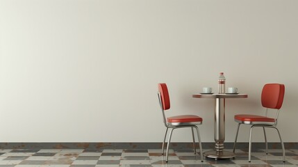 Retro table and chairs with empty white wall. Minimalistic cafe background. Copy space image. Generative AI.