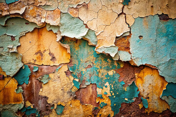 Close-up of a textured wall with vibrant peeling paint in shades of turquoise, yellow, and brown